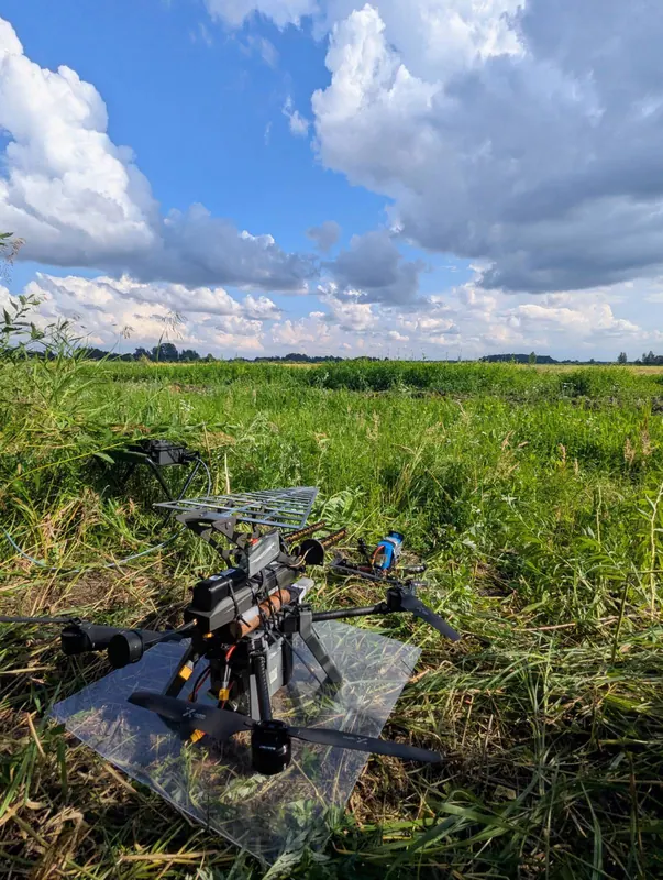Didelis FPV tipo dronas su krovinio rėmu ir paneline antena ant plėvelės aukštoje žolėje